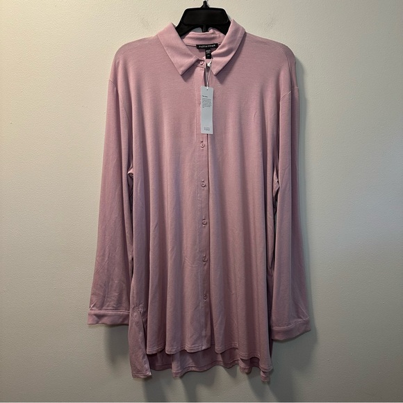 Eileen Fisher Women’s Pink Fine Jersey Classic Collar Long Sleeve Shirt Sz L NWT - Picture 2 of 5